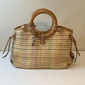 Vtg Fossil Pastel Basket Weave Straw Wood Handle Leather Trim‎ Bag (No Strap)